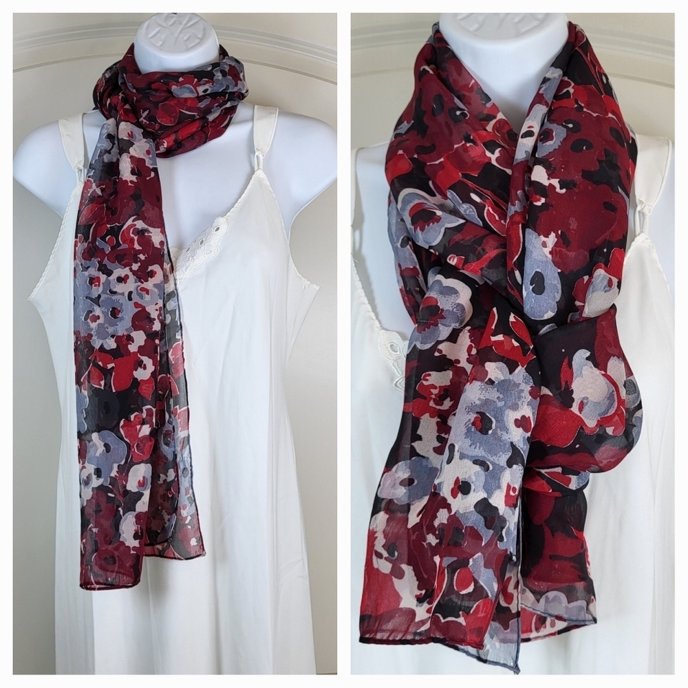 Black, Red and White Floral Print Lightweight Scarf -  70" x 20" - Picture 4 of 8
